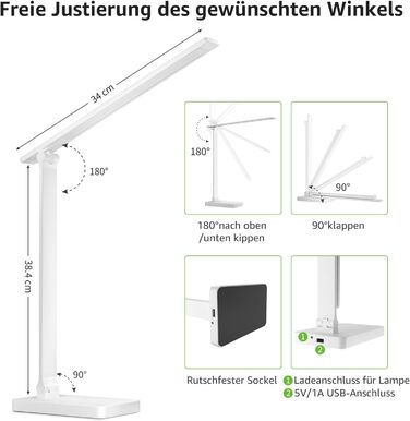 Настільна лампа Lepro, світлодіодна настільна лампа 15 Вт, настільна лампа 655LM 3 кольори та 5 рівнів яскравості з можливістю регулювання яскравості за допомогою USB-порту, настільна лампа для захисту очей, світло для читання для кімнати офісу, білий