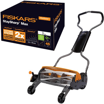 Циліндрична газонокосарка Fiskars, газонокосарка з безконтактною системою різання, ширина зрізу 46 см, StaySharp Max, чорна/помаранчева/срібляста, 1000591