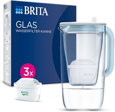 Скляний фільтр для води BRITA Глечик-глечик світло-блакитний (2,5 л), включаючи 3 картриджі MAXTRA PRO All-in-1 фільтр для води преміум-класу Скло, міцне та легке / зменшує вапняний наліт, хлор, метали, такі як свинець і мідь, включаючи 3 картриджі Одинар