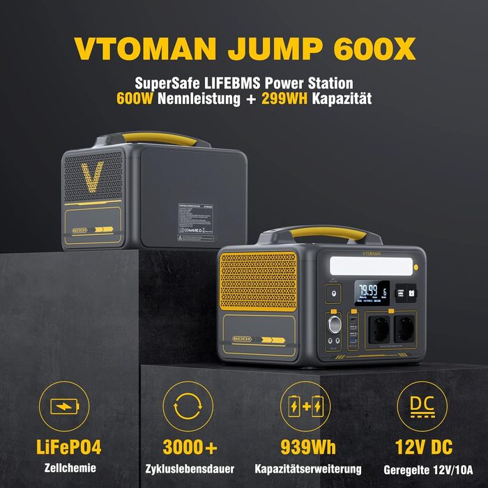 Портативна електростанція VTOMAN Jump 600X 600 Вт - 299 Втгод Акумуляторний генератор LiFePO4 Мобільний накопичувач енергії з 2 виходами змінного струму з чистою синусоїдою, розширюється ємність для аварійного стрибка в кемпінгу600X