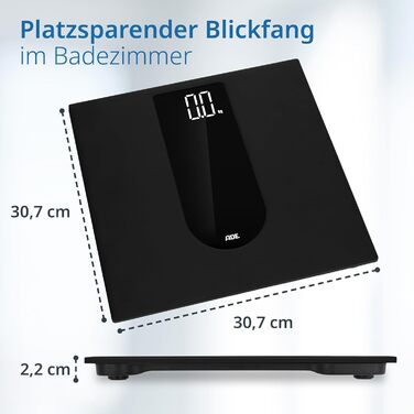 Цифрові ваги для ванної кімнати ADE з великим світлодіодним дисплеєм Нековзна вагова поверхня з безпечного скла Точний результат зважування з кроком 100 г Елегантна чорна матова поверхня до 180 кг