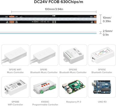 Гнучка світлодіодна стрічка COB високої щільності WS2811 IC світлодіодна стрічка 5M 630 світлодіодів/м 14 Вт/м DC24V IP30 Карбування кольору Прикраса своїми руками (не контролер вмісту та блок живлення) (Чорна друкована плата, DC24V 3M 630LEDs/M)