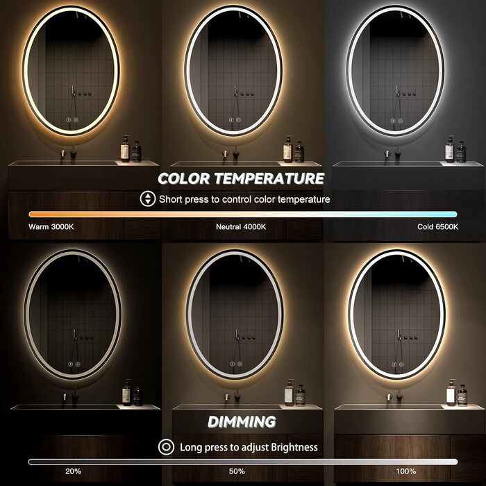 Дзеркало для ванної кімнати Dripex з підсвічуванням Овальне світлодіодне дзеркало для ванної кімнати з сенсорним перемикачем, з можливістю затемнення, 3 кольори світла регулюються, захист від запотівання 60 x 80 см без запотівання 3 кольори світла затемне