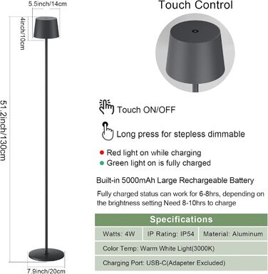 Торшер K-Bright LED, лампа для читання з регулюванням яскравості 4 Вт, сенсорне керування, торшер з металу алюмінію, підходить для додаткового освітлення вітальні, спальні, офісу (антрацит)