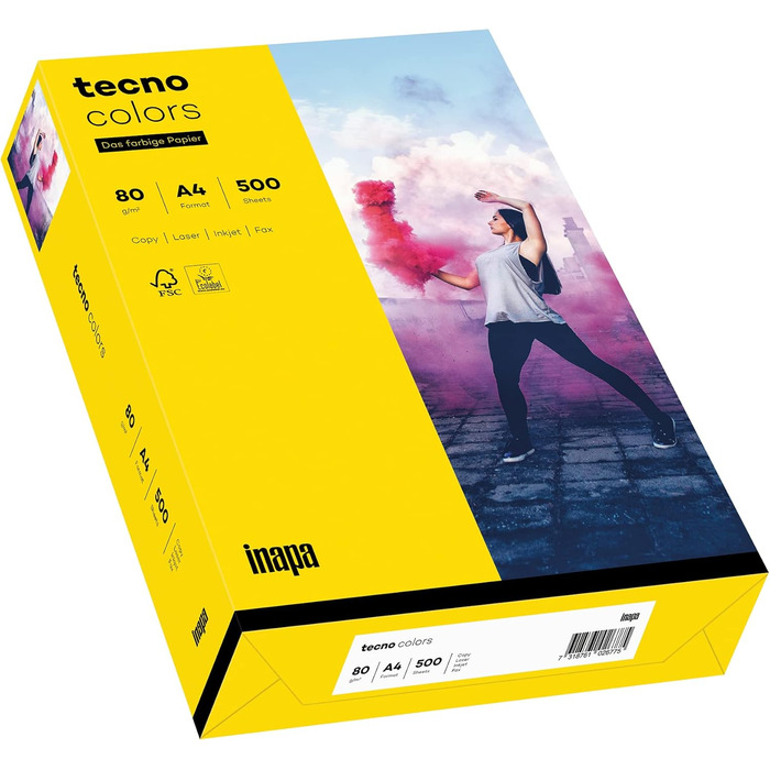 Кольоровий папір для принтера Inapa, кольоровий папір tecno Кольори 80 г/м, А4, 2 500 аркушів (5x500), насичений жовтий