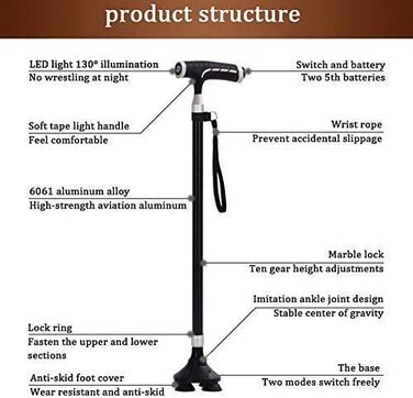 Портативні милиці для літніх людей з алюмінієвого сплаву Світлодіодна лампа Чотири фути Багатоцільова ергономічна тростина для ходьби Нековзна промежина передпліччя Металева тростина регульована цікава Safehappy