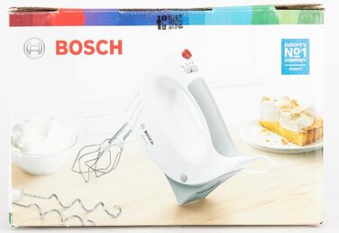 Ручний міксер Bosch MFQ3530, ручний міксер, 2 вінчики, 2 гачки для тіста з нержавіючої сталі, можна мити в посудомийній машині, 5 рівнів, 450 Вт, білий/сірий 7,7 см Д x 20,1 см Ш x 14,1 см в Білий/сірий