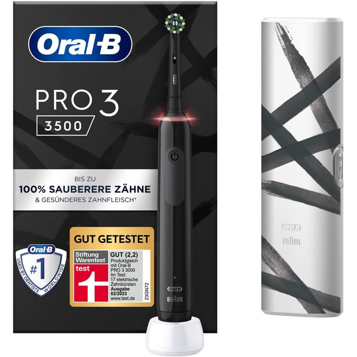 Електрична зубна щітка/електрична зубна щітка Oral-B PRO 3 3500, з 3 режимами чищення та візуальним регулюванням тиску на 360 для догляду за зубами, дорожні смужки, подарунок чоловік/жінка, чорний чорний зі смужками для дорожнього чохла