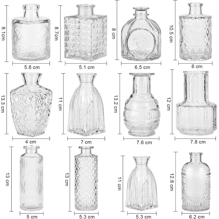 Набір невеликих скляних ваз, 12 шт. невеликих ваз для прикраси столу, настільна ваза вінтажна прикраса, ваза для квітів невелика скляна ваза для весільних прикрас та прикраси вітальні