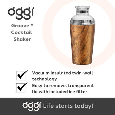 Шейкер для коктейлів OGGI Groove Insulated, подвійні стінки, вакуумно-ізольований шейкер з нержавіючої сталі, кришка Tritan з вбудованим ситечком, ідеальний міксер для коктейлів, шейкер для мартіні, шейкер для маргарити, дерев'яна текстура 17 унцій