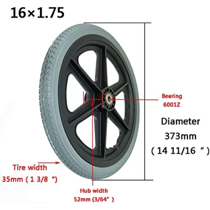 Дюймове заднє колесо для інвалідного візка, аксесуари для ручного інвалідного візка, запасне колесо для візка, 16 x 1.75 дюймове колесо з суцільними шинами (16 дюймів / 373 мм), 16-