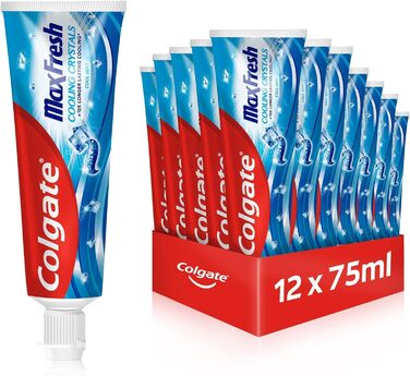 Зубна паста Colgate Max Fresh Cooling Crystals 12x75 мл ефективне чищення зубів для тривалої свіжості та чистого відчуття в роті зберігає зуби білими та бореться з карієсом 75 мл (12 упаковок)