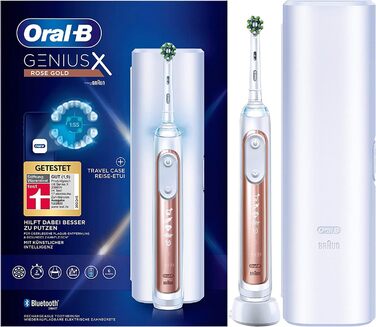 Електрична зубна щітка/електрична зубна щітка Oral-B Genius X, 6 режимів чищення зубів для догляду за зубами, додаток зі штучним інтелектом і Bluetooth, дорожній кейс, подарунок чоловіку/жінці, дизайн коричневого, рожеве золото