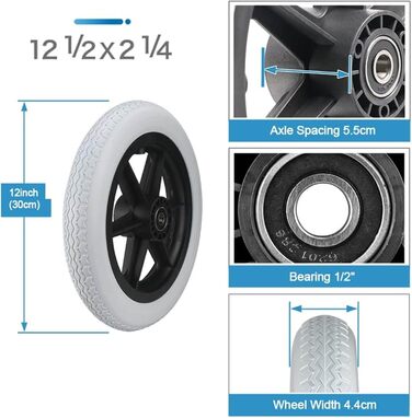 Колеса для інвалідного візка 2 шт. Колесо для інвалідного візка, Колесо для інвалідного візка в зборі, Непневматичні суцільнолиті гумові шини, Ручна заміна заднього колеса інвалідного візка, З підшипником і кріпильним гвинтом, сірий 12 дюймів
