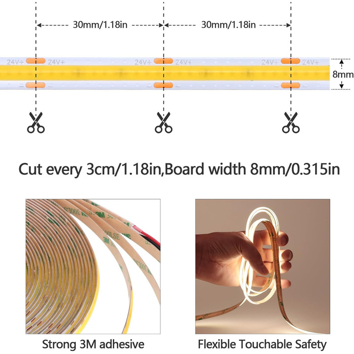Світлодіодна стрічка 3000K Світлодіодна стрічка тепла біла 384 світлодіоди/м Самоклеюча світлодіодна стрічка CRI 93 Висока яскравість 6800 лм Неводонепроникна світлодіодна стрічка IP20 для внутрішнього оздоблення будинку (лише стрічка) (натуральний білий,
