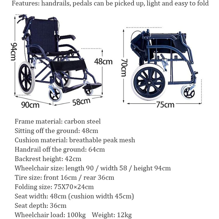 Інвалідні візки Розбірна складна інвалідна коляска, маленька та легка, 12 кг, легко складається, портативна дорожня версія маленького колеса для транспортування допоміжного візка для людей похилого віку з