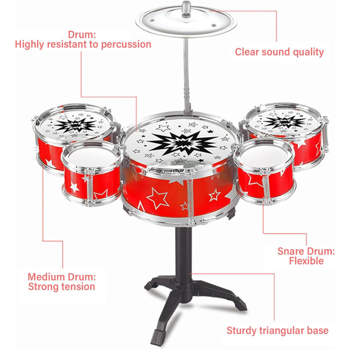 Дитяча барабанна установка, Міні дитяча барабанна установка з 5 барабанами та 1 тарілкою, Дитяча барабанна установка 3-5, Дитяча барабанна установка з трикутною основою, Музичний інструмент для раннього розвитку Барабанна іграшка (червона)