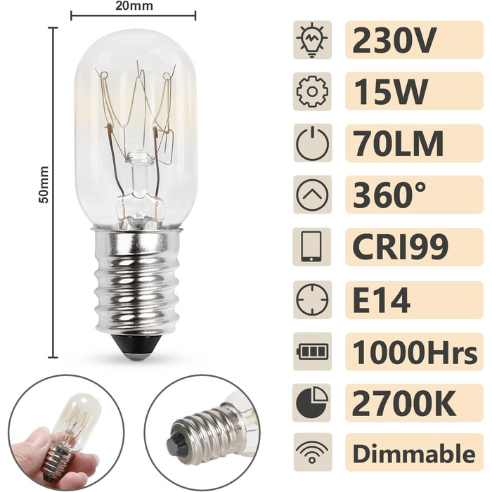 Вт лампа для холодильника 230 В, лампи для соляної лампи 2700 К Тепло-біла лампа з можливістю затемнення для холодильника, морозильника, швейної машини, витяжки, соляної лампи - 4 шт., 14 15