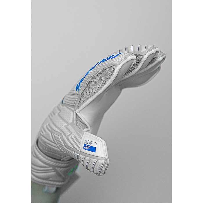 Воротарські рукавиці Reusch чоловічі Attrakt Finger Support унісекс зі зрізом зовнішнього шва та покриттям для зчеплення, підходять для всіх поверхонь поля Футбольні рукавиці із захистом пальців для дорослих світло-сірі - сині - жовті 10