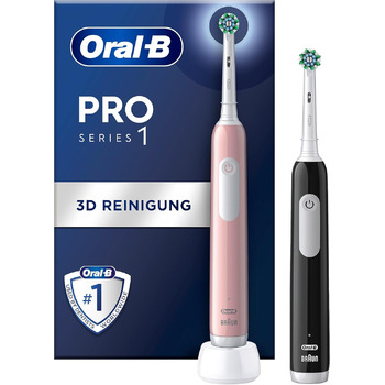 Електрична зубна щітка/електрична зубна щітка Oral-B Pro Series 1, подвійна упаковка, 2 щітки, 3 режими чищення та датчик тиску для догляду за зубами, дизайн Braun, рожевий/чорний