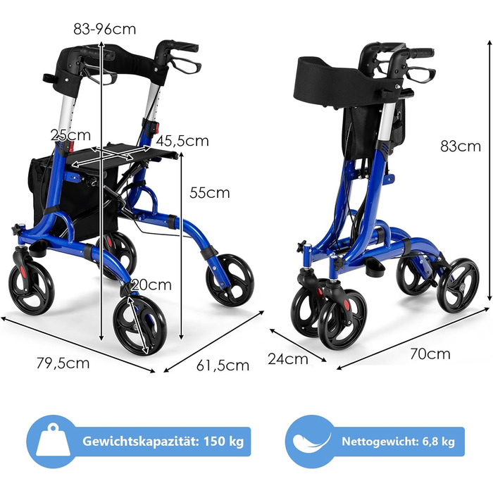Роллатор GOPLUS складний, регульований по висоті допоміжний засіб для ходьби, включаючи ручки та сидіння з заднім ременем, допоміжний засіб для ходьби з колесами, тримач для сумки та палиці, ходунки з алюмінію до 150 кг з навантаженням для людей похилого 