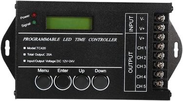 Програмований світлодіодний контролер часу 5-канальний багатофункціональний світлодіодний таймер з диммером для RGBW RGB двоколірний одноколірний світлодіодний диммер чорного кольору з дистанційним керуванням, 12V 24V 20A