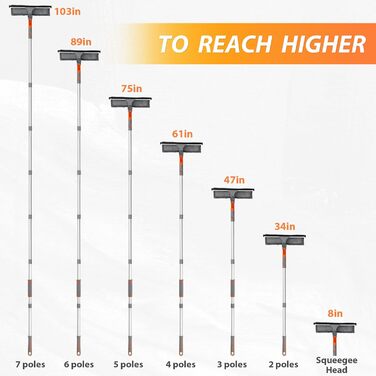 Професійний склоочисник з 2 серветками з мікрофібри та складною прокладкою, склоочисник зі знімною ручкою з нержавіючої сталі, довжина до 254 см для вікна