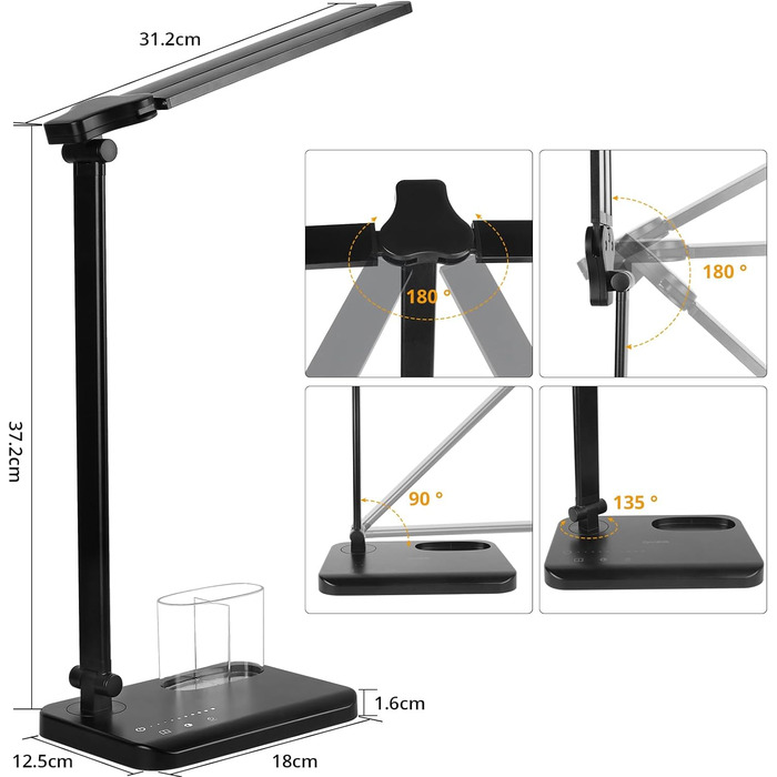 Світлодіодна настільна лампа iVict з подвійним поворотним кронштейном, 5-режимне сенсорне керування рівнями яскравості Настільний світильник із 45-хвилинним таймером автоматичного вимкнення, USB-порт для заряджання, функція пам'яті, тримач для ручки для о