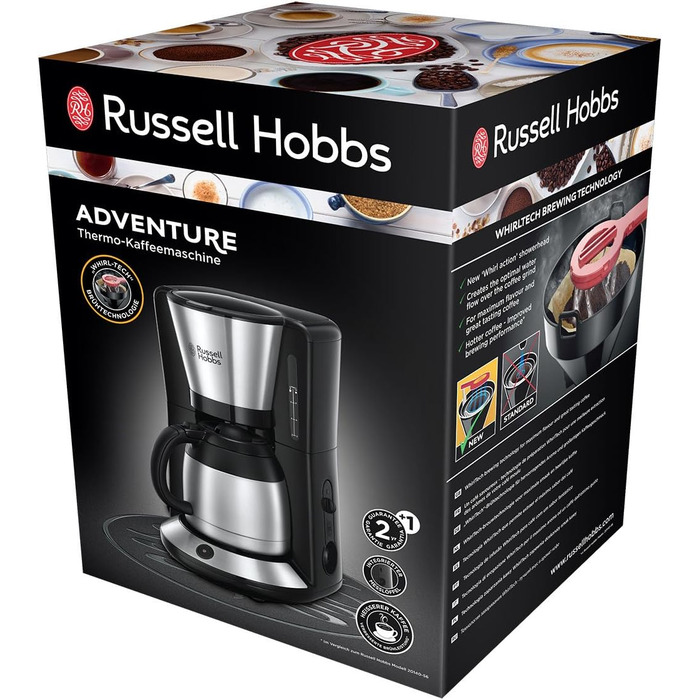 Кавоварка Russell Hobbs душова лійка для оптимальної екстракції та аромату Adventure (макс. 8 чашок, термоглечик 1,0 л, автоматичне вимкнення, крапля-стоп, 1100 Вт) Кавоварка з фільтром 24020-56, чорна