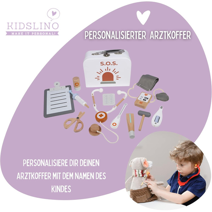 Дитяча аптечка I 12-компонентна з іменним написом I Лікарська аптечка зі стетоскопом, шприцом та тонометром з дерева I Іграшка від 3 років