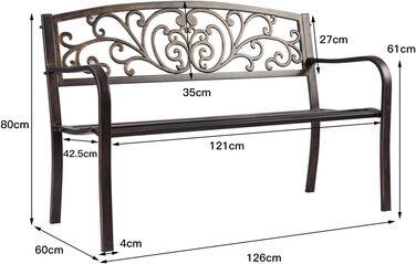 Садова лавка GOPLUS металева, Лавка на 2-3 особи відкрита, Паркова лавка антикварна, Лавка для тераси зі спинкою та підлокітником, Лавка Сад Балконні тераси (бронза, вантажопідйомність 280 кг)