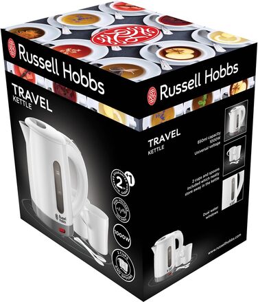 Електричний чайник Russell Hobbs Small Туристичний чайник 0,85 л з регулюванням напруги по всьому світу Travel (1000 Вт, в т.ч. 2 чашки та 2 чайні ложки, оптимізований носик, компактний маленький чайник) 23840-70