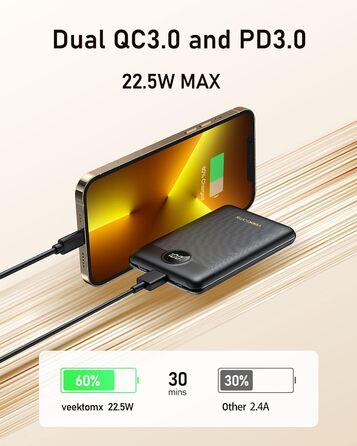 Маленький, але потужний 22,5 Вт Міні-банк PD3.0 QC3.0 USB C Зовнішній акумулятор Портативний мобільний телефон Акумулятор Сумісний з iPhone/Samsung/Huawei/Xiaomi/OnePlus і т.д. Чорний, 10000mAh VEEKTOMX Power Bank