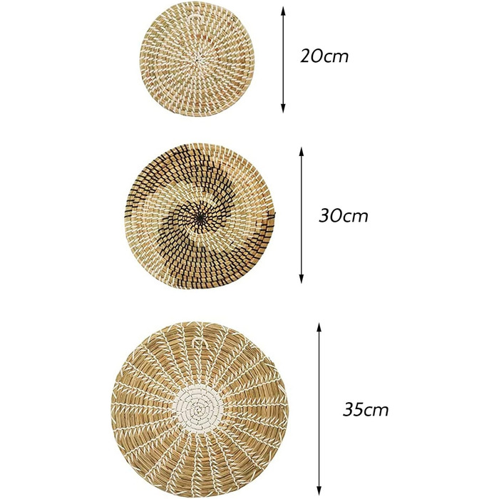 Набір з 3 плетених кошиків, прикраса стін, морська трава, ткані, для підвішування, плоскі кошики, прикраса в стилі бохо, круглий кошик для прикраси стін