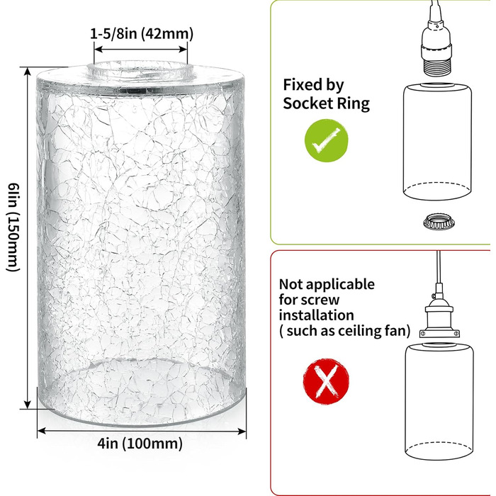 Скляний абажур Skelang з 3 предметів, плафон Crackle, прозорий плафон 42 мм, змінний плафон циліндра для підвіски, настінний світильник, туалетний світильник, настільна лампа