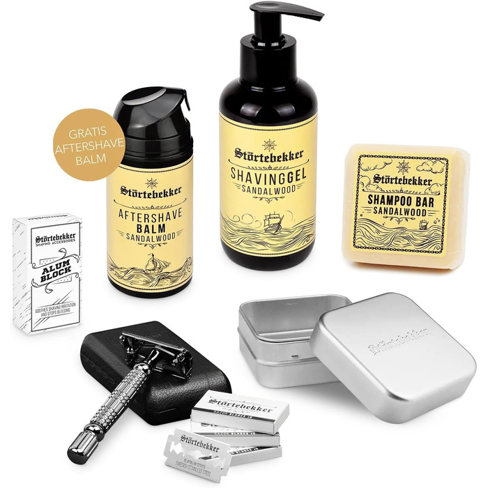 НОВИНКА Strtebekker Premium Shower & Shave Essential Set - Набір для гоління та душу для чоловіків - з безпечною бритвою, гелем для гоління, бальзамом після гоління, квасцовим каменем, твердим шампунем та алюмінієвою мильницею (чорний/чорний) Чорний / Чор