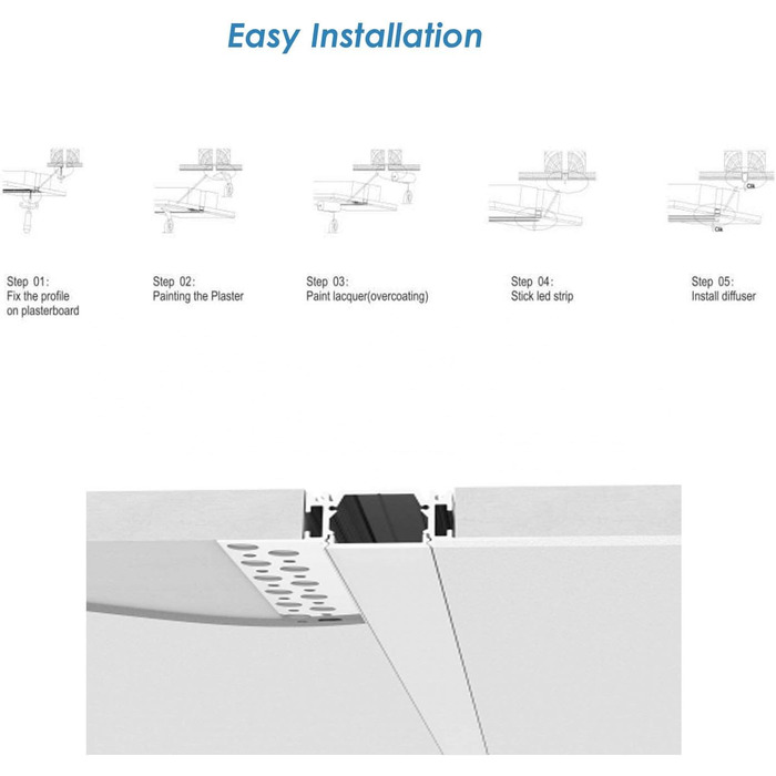 Гіпсокартон зі світлодіодним профілем Bessetho, 6 пакетів 1 м світлодіодний профіль для гіпсокартону, профіль розсіювача світлодіодної стрічки, вбудований світлодіодний алюмінієвий профіль без обрізки для стін і стелі 3,3 фута/1 м