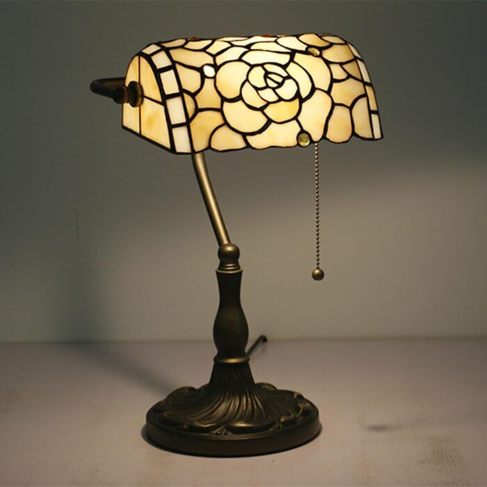 Настільна лампа Uziqueif Retro Tiffany Style/Banker Lamp - Настільна лампа E27 з перемикачем і 1 лампочкою, сплавна основа - для офісу, дому, вітальні, спальні, їдальні, троянди a