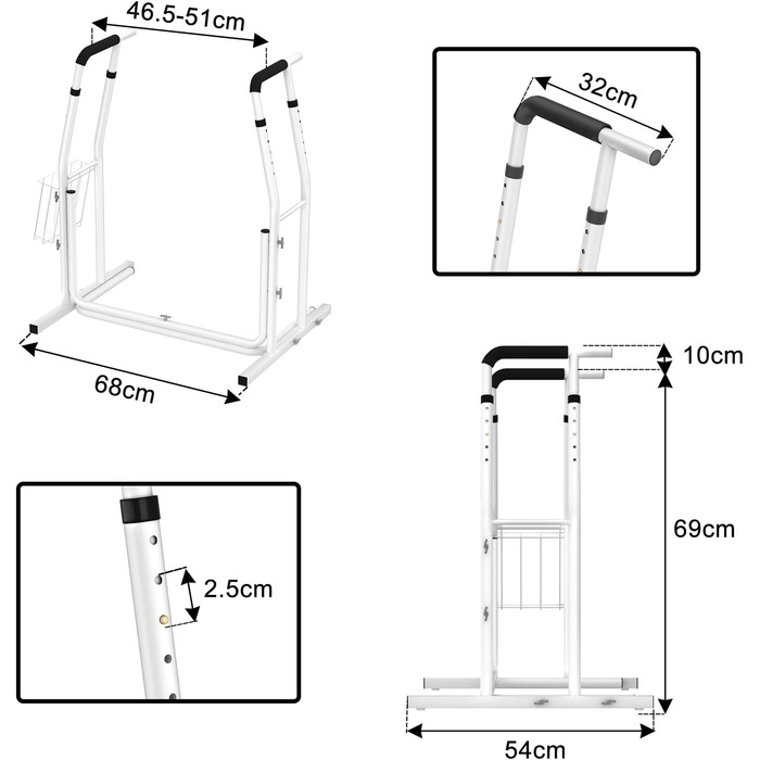 Мобільні туалети AUFUN з кошиком для зберігання - Нековзна опорна рама для унітазу з регулюванням висоти - Штанга для унітазу 790 x 550 x 680-780 мм, біла