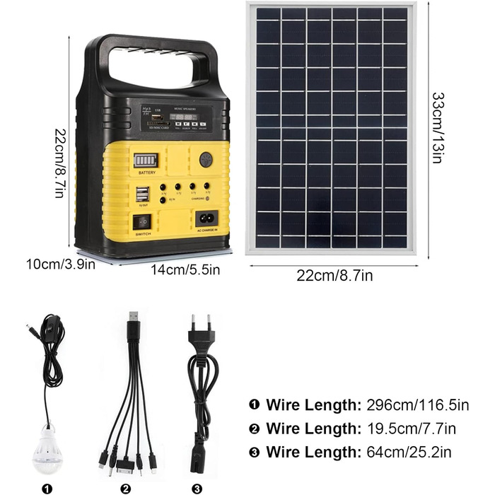 Портативна електростанція сонячного генератора Kyaoayo з сонячною панеллю та світлодіодними лампами, з функцією радіо Bluetooth MP3, для екстреної риболовлі на відкритому повітрі Camping House Hunting Travel (жовтий)