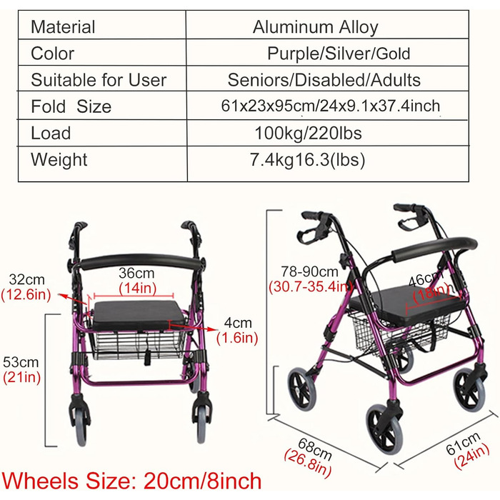 Ходунки з сидінням і колесами та гальмами 20,3 см Складний міцний вуличний ролик для людей похилого віку зі спинкою та кошиками, регульованою висотою