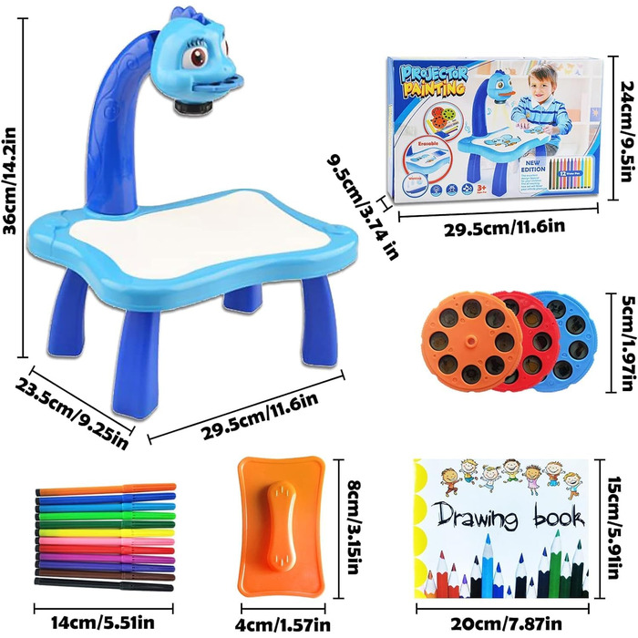 Дитячий стіл для малювання з проектором BARVERE, синя дошка для малювання, настільний розумний мольберт з проектором для дітей, дошка для малювання з проектором, стіл для малювання для дітей