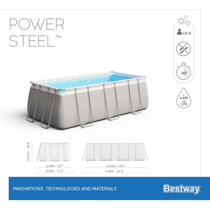 Набір басейнів Bestway Power Steel Frame з фільтруючим насосом 404 x 201 x 100 см, світло-сірий, квадратний