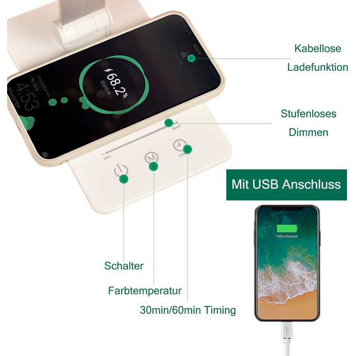 Настільна лампа, світлодіодна лампа 5 кольорів і плавного затемнення Настільна лампа Функція бездротової зарядки та приліжкова лампа Timmer Світло для грудного вигодовування з функцією пам'яті Безпечна для очей лампа для читання для робочого навчання (біл