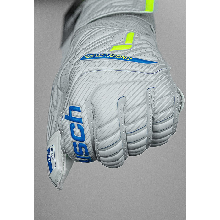 Воротарські рукавиці Reusch чоловічі Attrakt Finger Support унісекс зі зрізом зовнішнього шва та покриттям для зчеплення, підходять для всіх поверхонь поля Футбольні рукавиці із захистом пальців для дорослих світло-сірі - сині - жовті 10