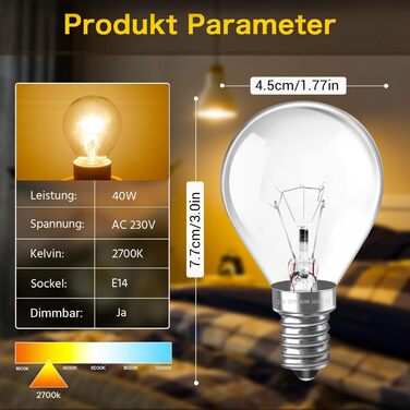 Лампа для духовки Caldarax E14 G45 230 В, термостійкість до 300 C, тепла біла лампа для духовки 2700 К, 77 мм * 45 мм, прозорі лампи з регулюванням яскравості, лампочка для духовки E14, лавова лампа