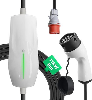 2 charging cable 11KW EV Charger with CEE plug, 16A three-phase mobile wallbox charging station for electric vehicles EVSE, IEC 62196-2, 6 metres, white, 2 charging cable 11KW EV Charger with CEE plug, 16A three-phase mobile wallbox charging station for e