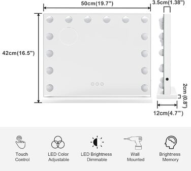 Дзеркало для макіяжу Dripex Hollywood, дзеркало для макіяжу з 14 лампами і 3 колірними температурами світла, голлівудське дзеркало з підсвічуванням, дзеркало для макіяжу з сенсорним управлінням, 50 x 42 см Білий Білий 50L x 42B см