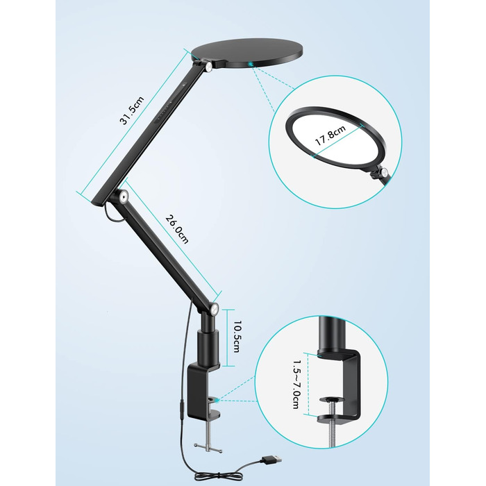 Дюймова світлодіодна настільна лампа з затискачем, поворотний кронштейн, безпечне для очей світло, регулювання яскравості 3 колірні режими та 5 рівнів яскравості, регулювання висоти та кута, алюміній, функція зарядки USB для дому, офісу, читання, 7-
