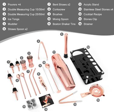 Набір шейкерів для коктейлів 23 предмети з нержавіючої сталі з акриловою підставкою та рецептами колір рожеве золото (4 камені для віскі)